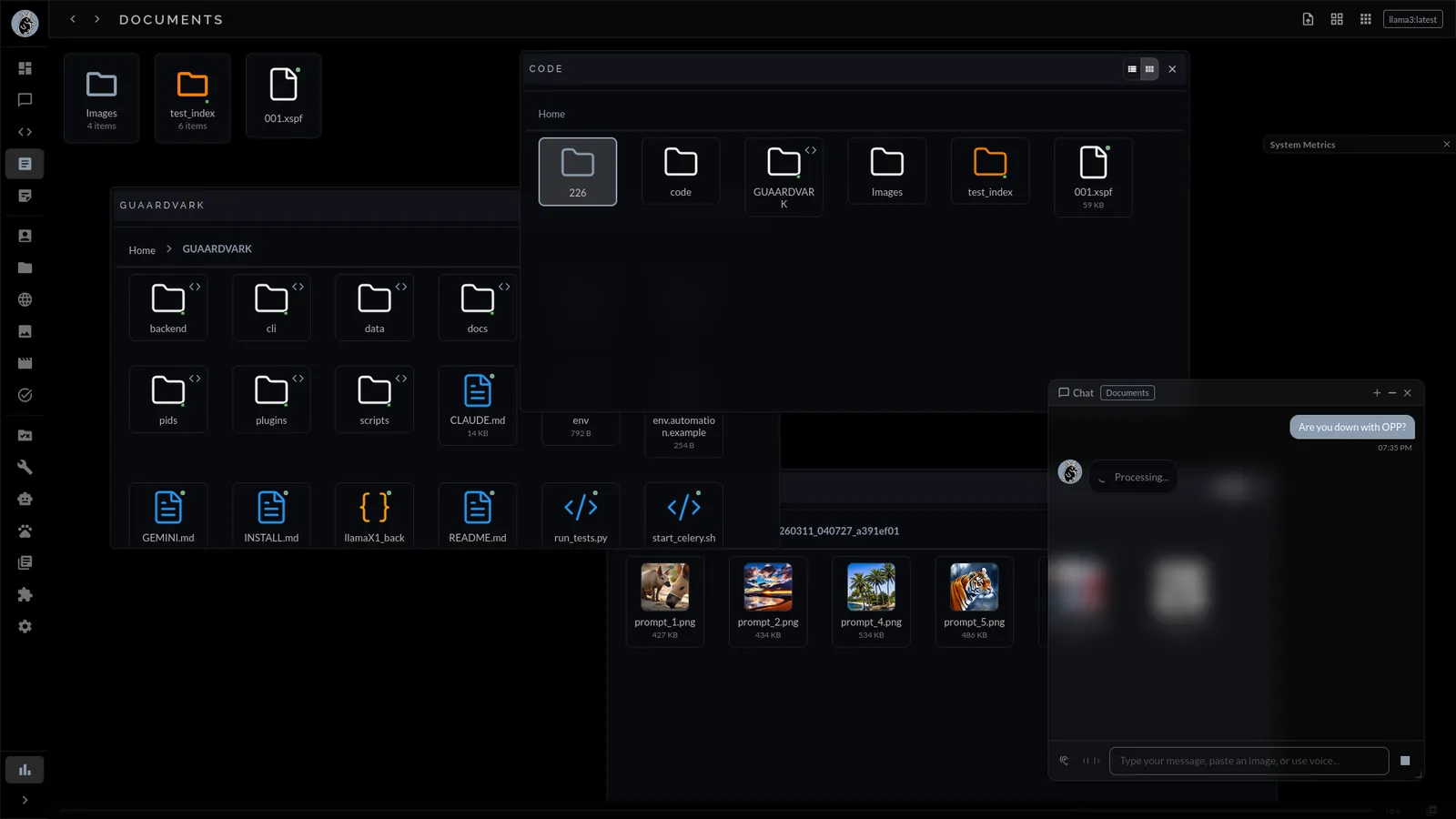 Guaardvark's documents page: folders of files beside a chat panel that answers from them